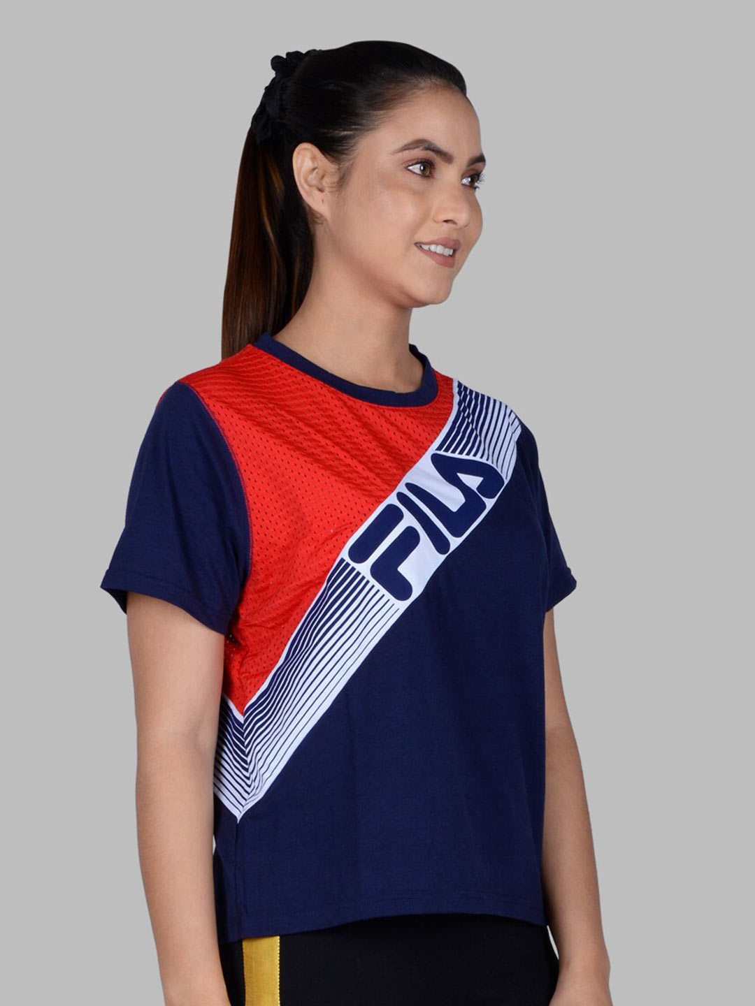 

FILA Women Blue & Red Colourblocked Organic Cotton T-shirt