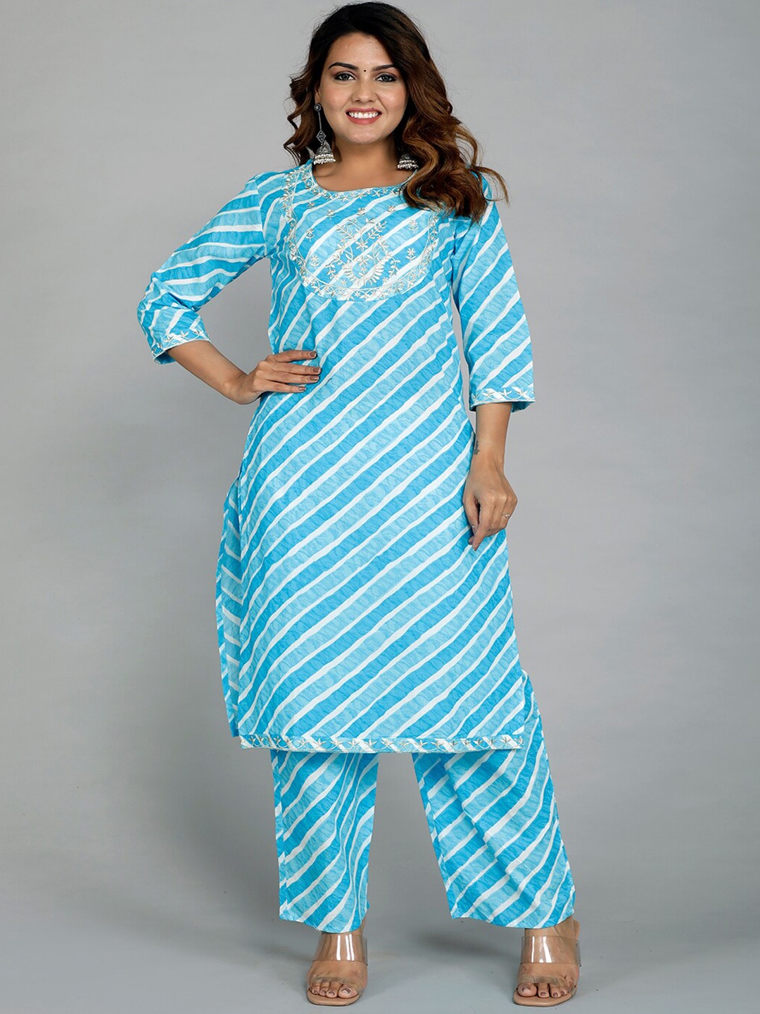 

gvs shoppe Women Blue Striped Thread Work Kurta with Palazzos