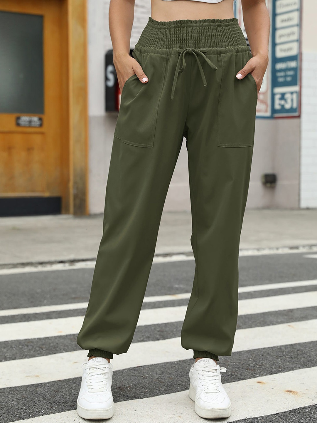 

BoStreet Women Olive Green Tapered Fit High-Rise Joggers Trousers