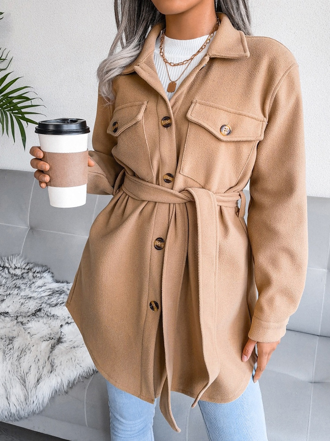 

BoStreet Women Khaki Solid Longline Trench Coat