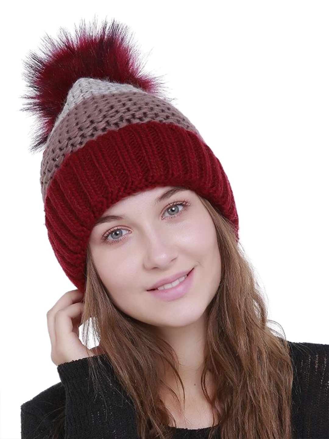 

YOUSTYLO Women Maroon & White Self Design Beanie