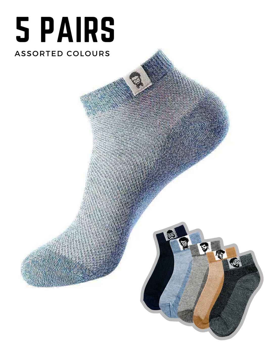 

YOUSTYLO Pack Of 5 Patterned Cotton Ankle-Length Socks, Black