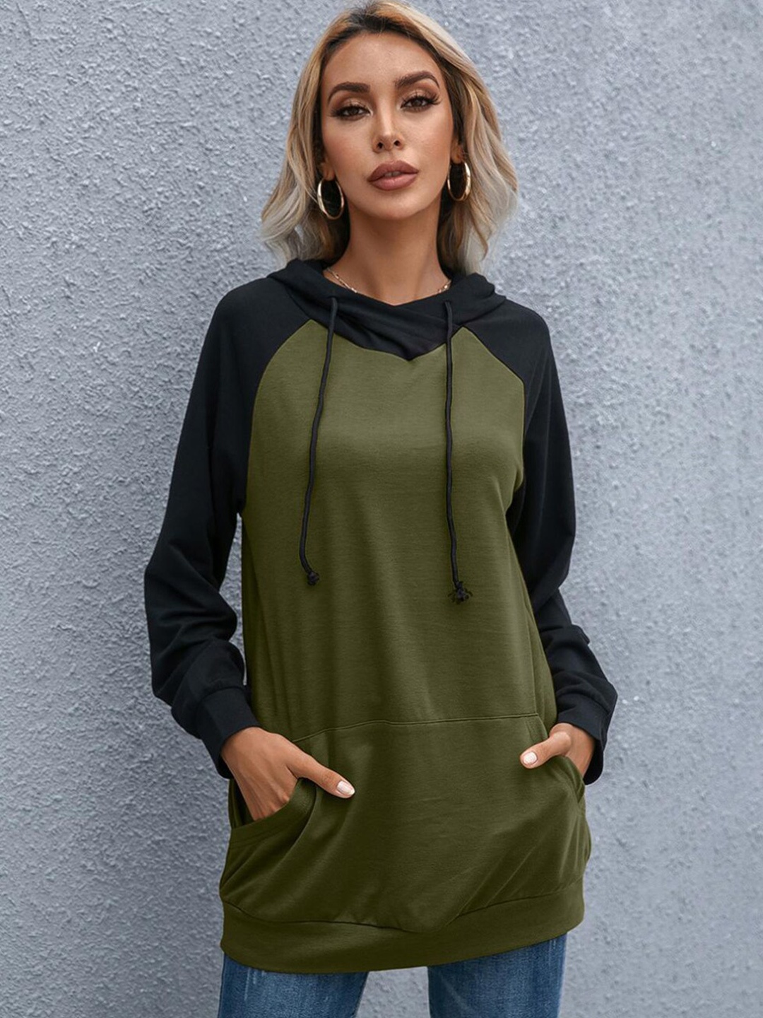 

StyleCast Women Olive Green Hooded Colourblocked Sweatshirt