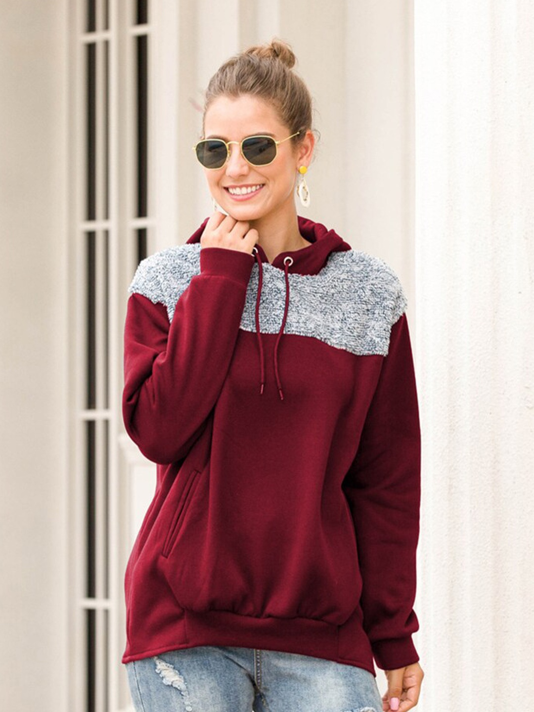 

StyleCast Women Maroon Colourblocked Hooded Sweatshirt