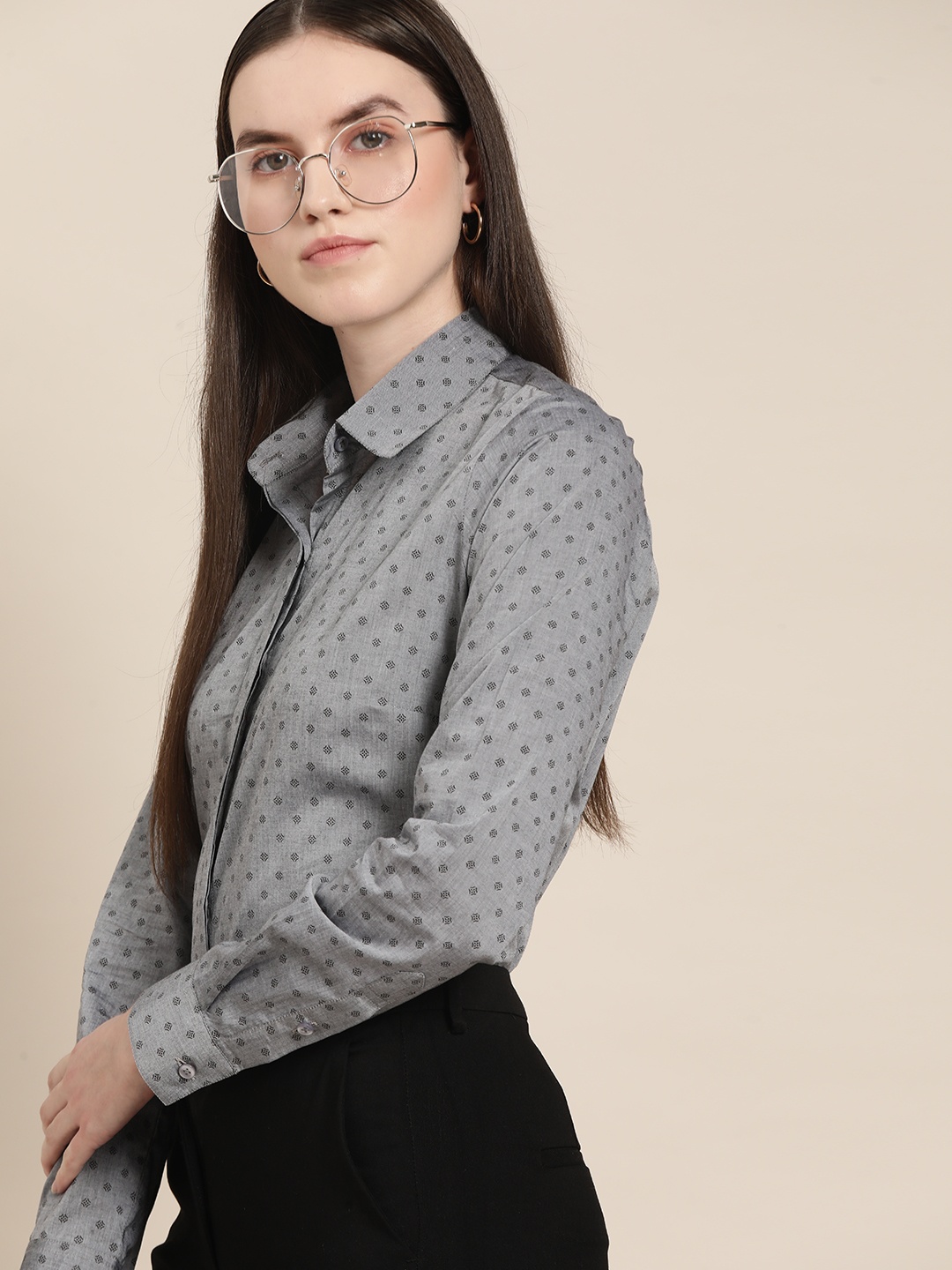 

Hancock Women Grey Relaxed Printed Cotton Chambray Formal Shirt