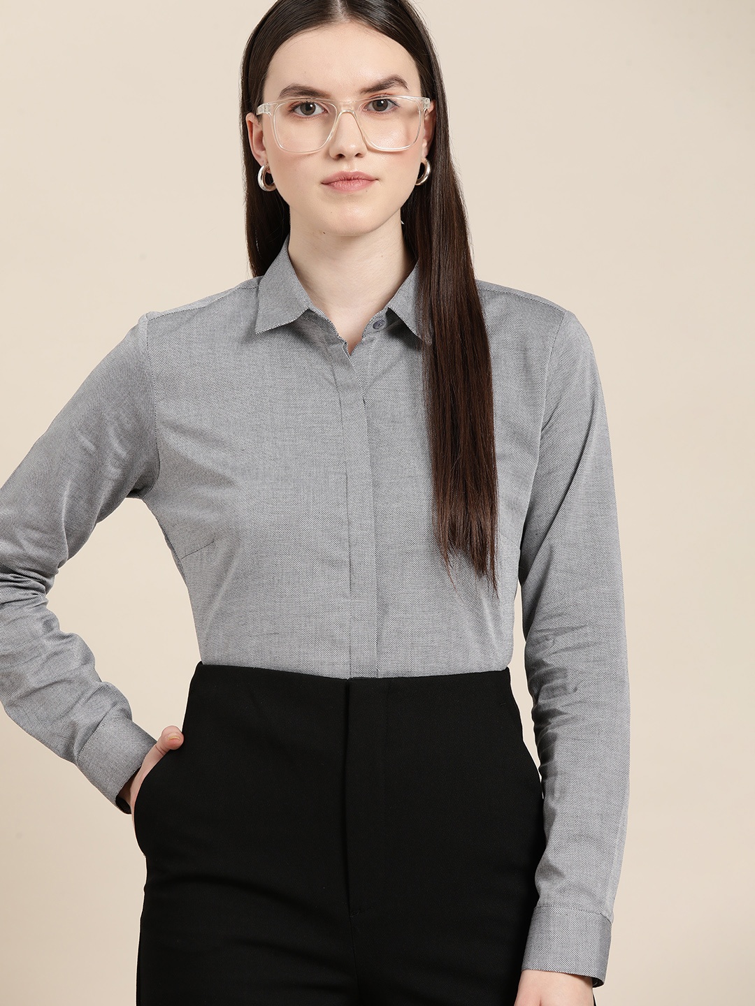 

Hancock Women Grey Relaxed Cotton Formal Shirt