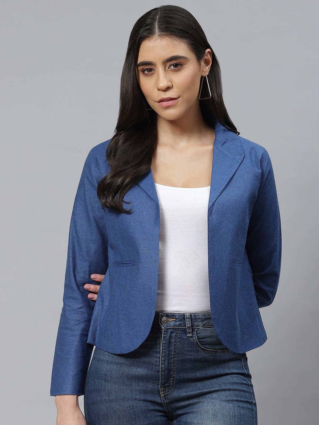 

Cottinfab Blue Solid Pure Cotton Open-Front Blazer