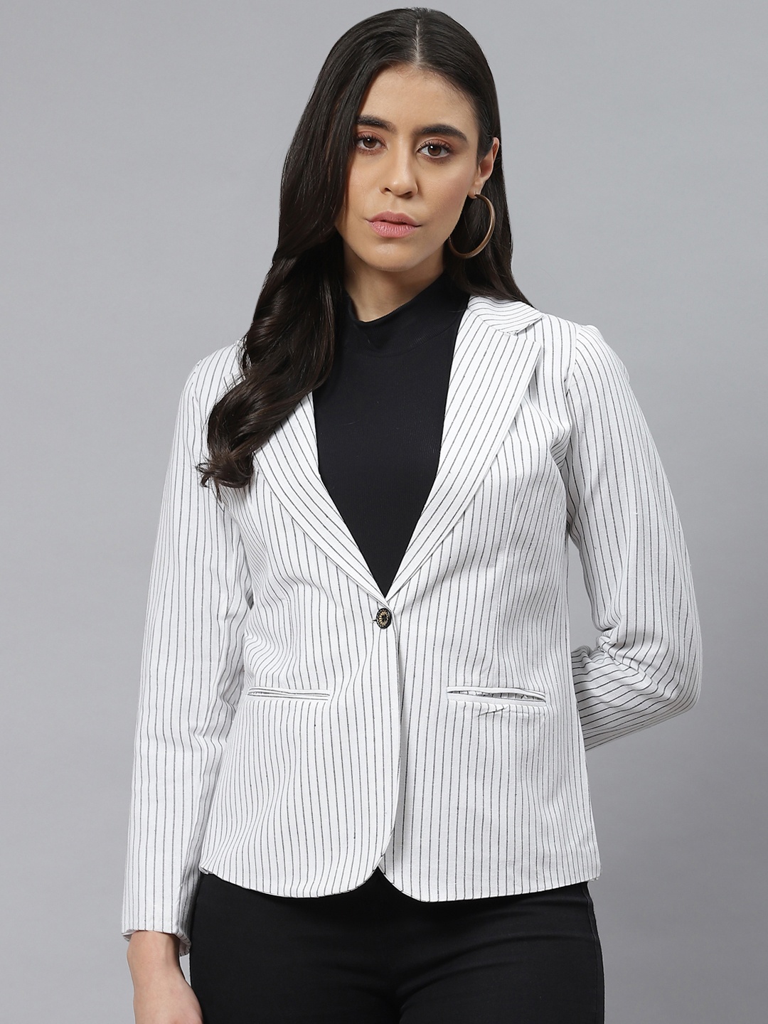 

Cottinfab White & Black Striped Pure Cotton Blazer