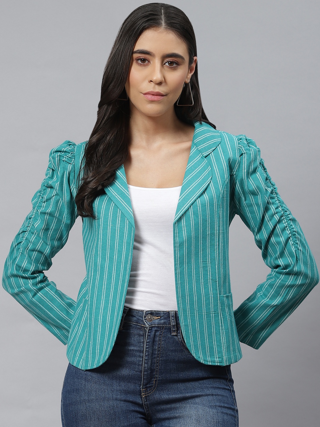 Cottinfab Women Turquoise Blue White Striped Open Front Jacket