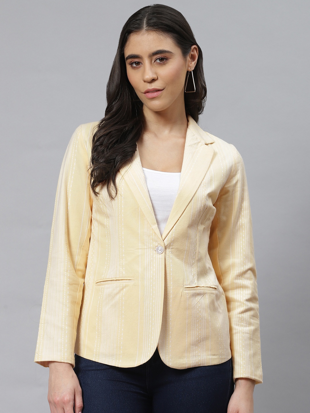 Cottinfab Yellow Striped Pure Cotton Blazer
