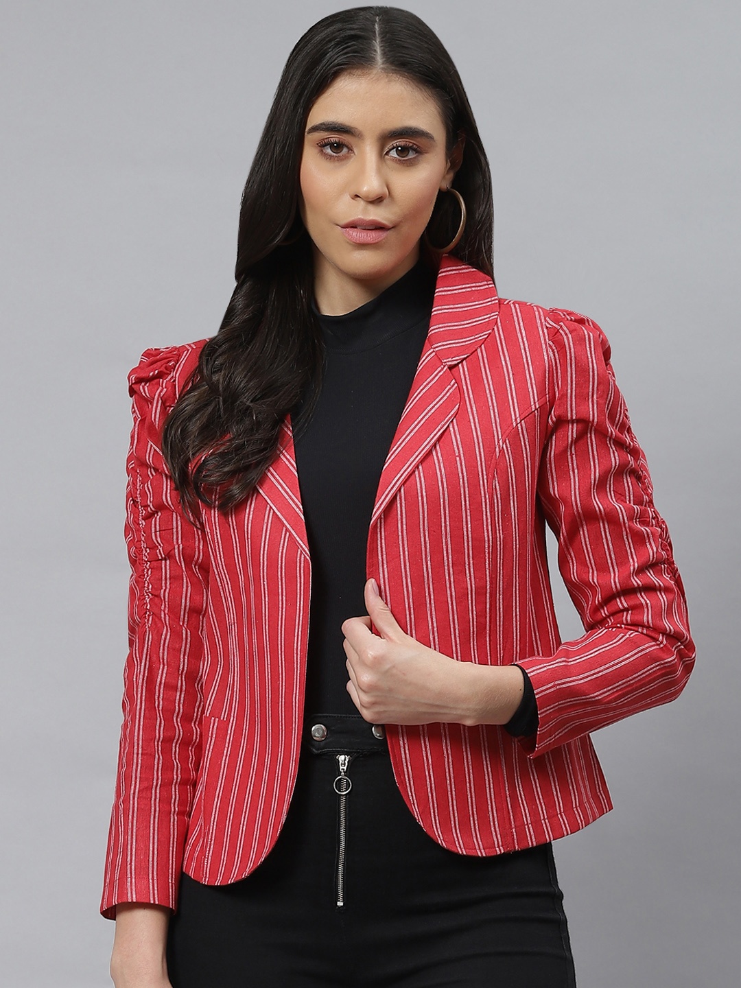 

Cottinfab Women Red White Striped Open Front Jacket