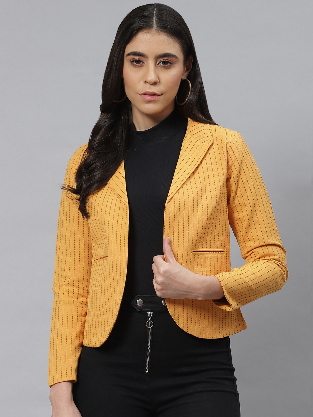 Cottinfab Mustard Yellow Striped Pure Cotton Open-Front Blazer