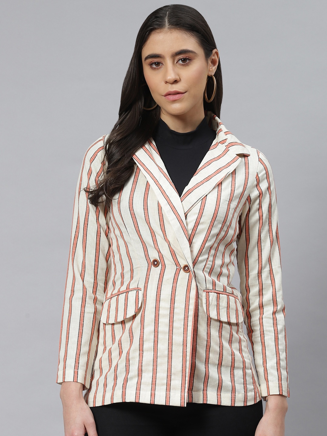 

Cottinfab Off White & Orange Striped Pure Cotton Blazer