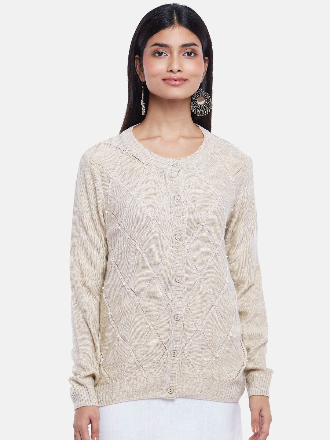 

RANGMANCH BY PANTALOONS Women Off White Open Knit Acrylic Cardigan
