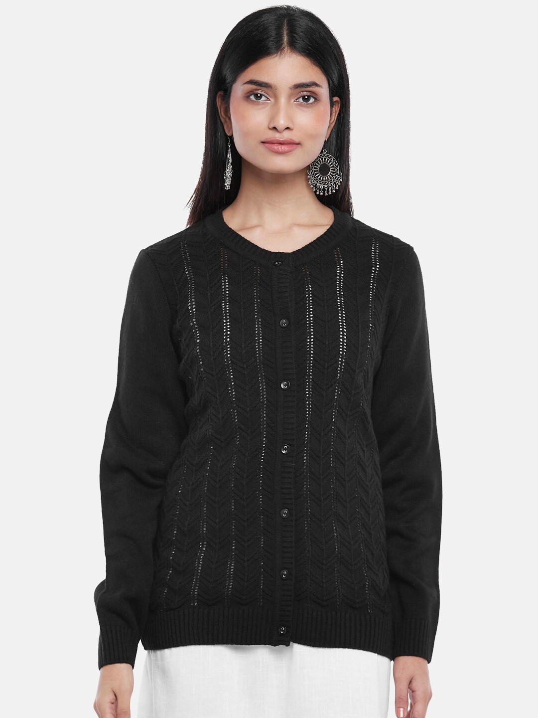 

RANGMANCH BY PANTALOONS Women Black Open Knit Acrylic Cardigan