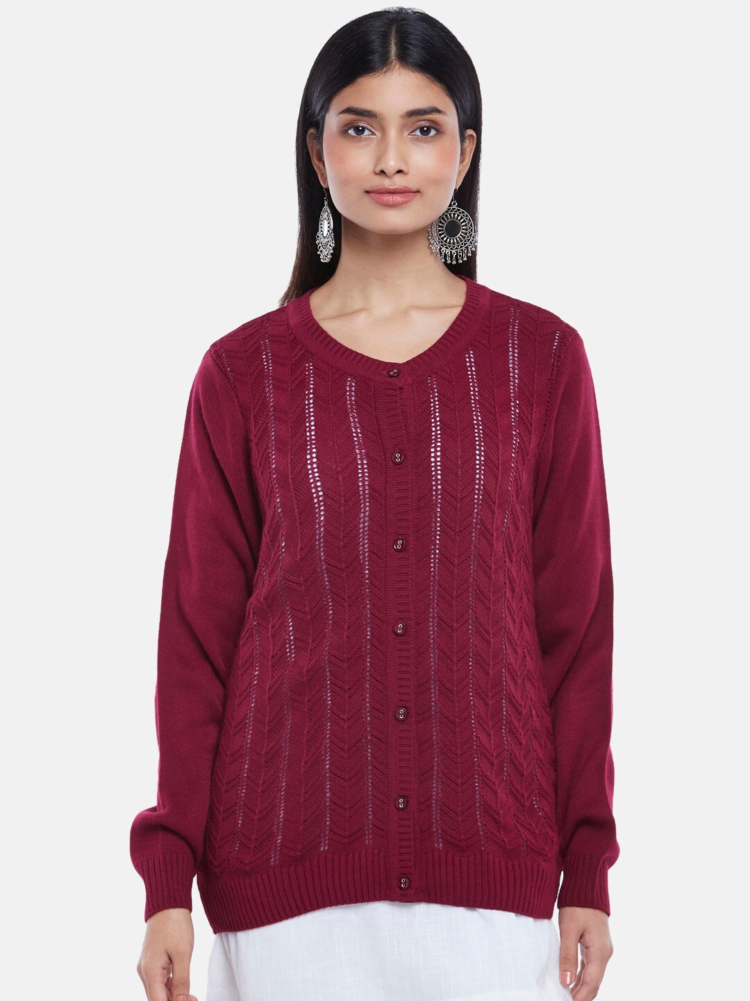 

RANGMANCH BY PANTALOONS Women Red Open Knit Acrylic Cardigan