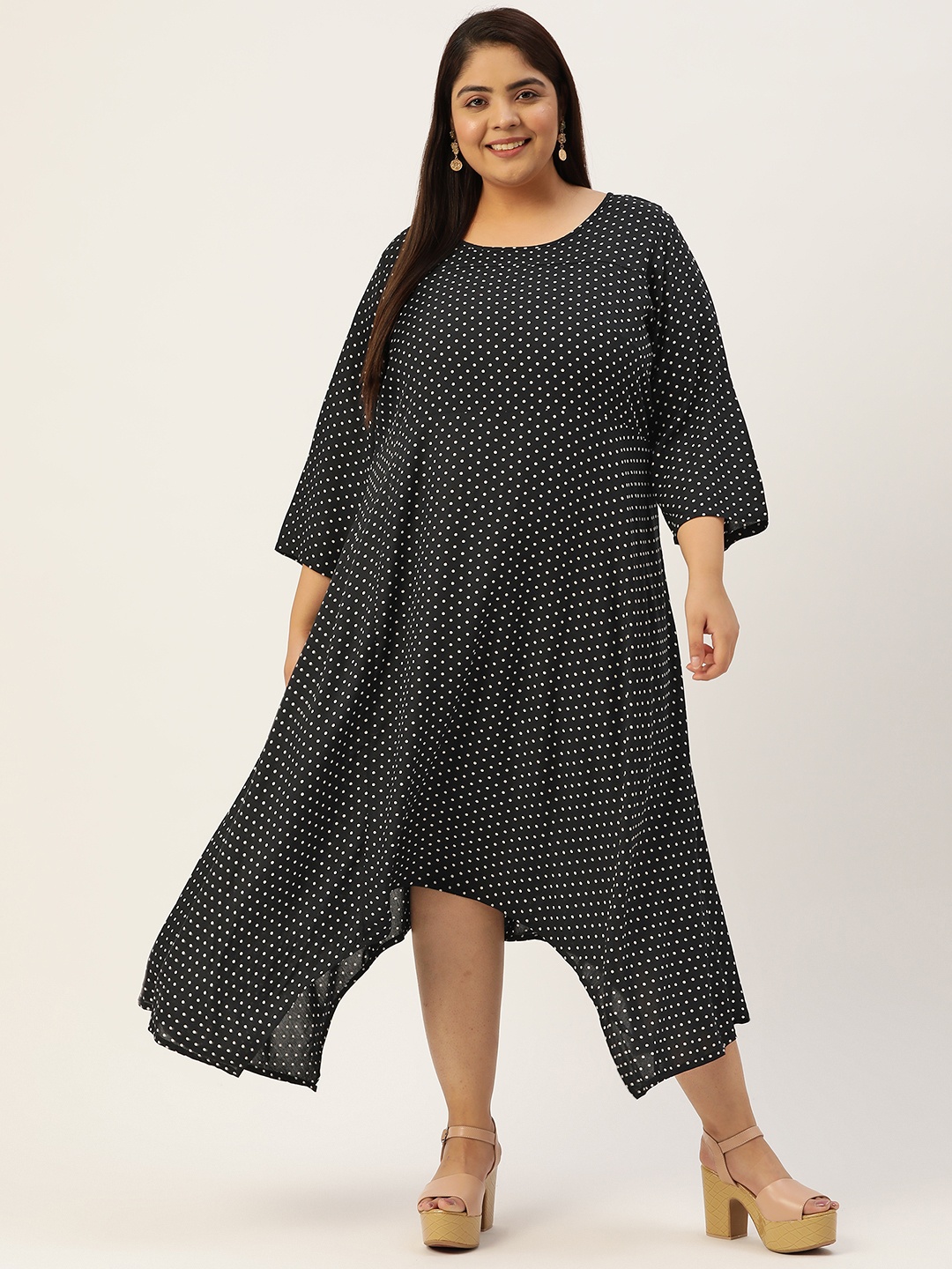 

theRebelinme Plus Size Polka Dots Printed A-Line Midi Dress, Black