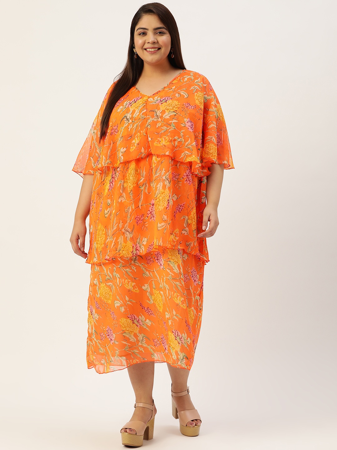 

theRebelinme Plus Size Floral Layered Maxi Dress, Orange