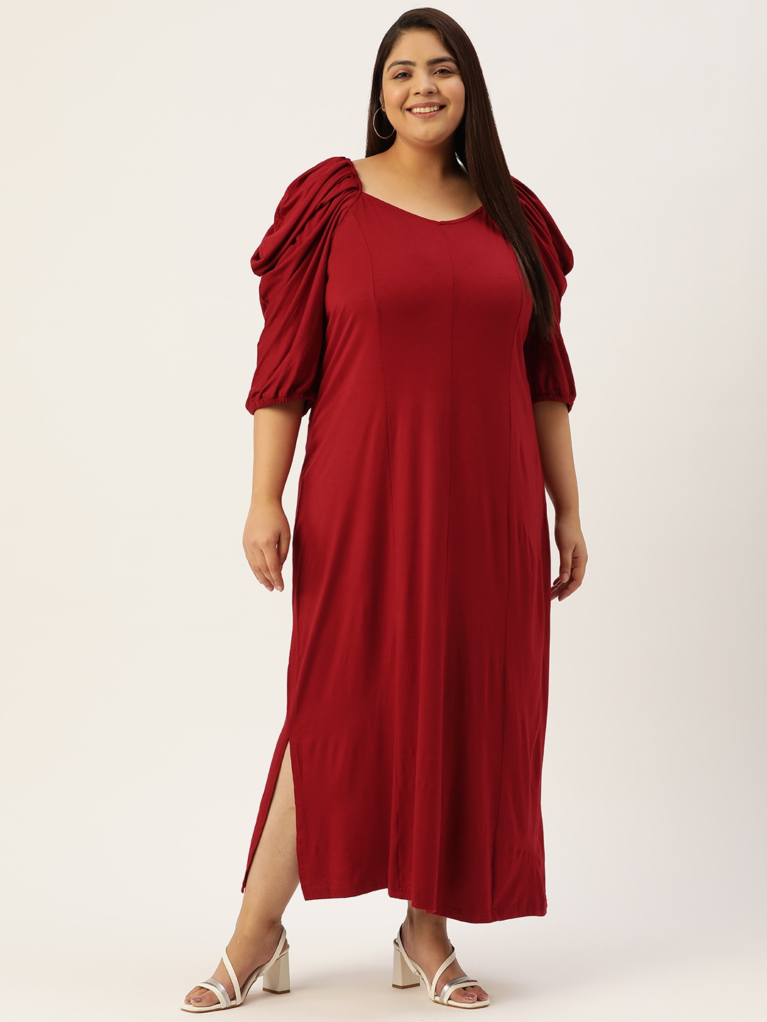 

theRebelinme Plus Size Puff Sleeves Maxi Dress, Maroon