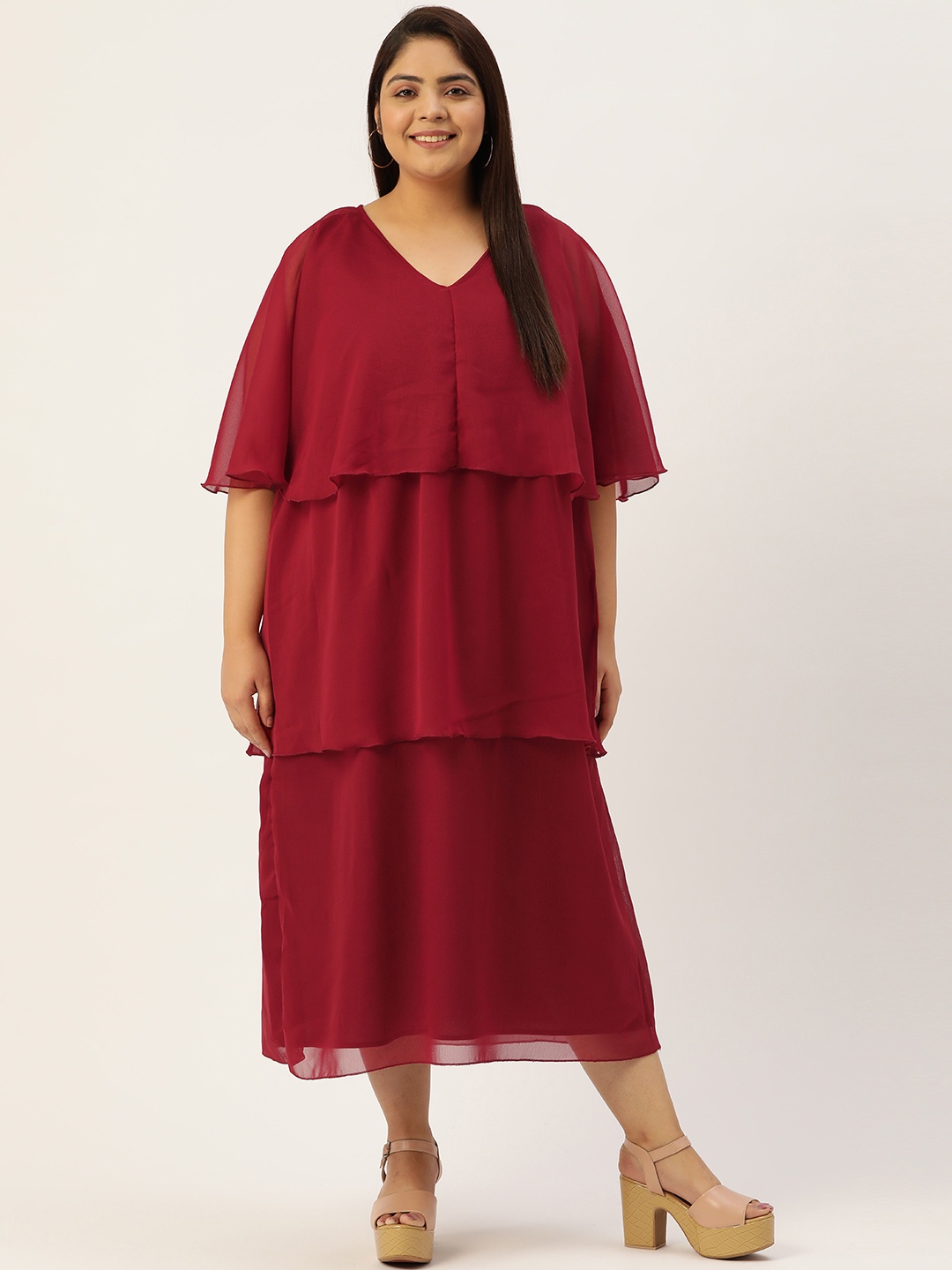

theRebelinme Plus Size Solid Layered Midi Dress, Maroon