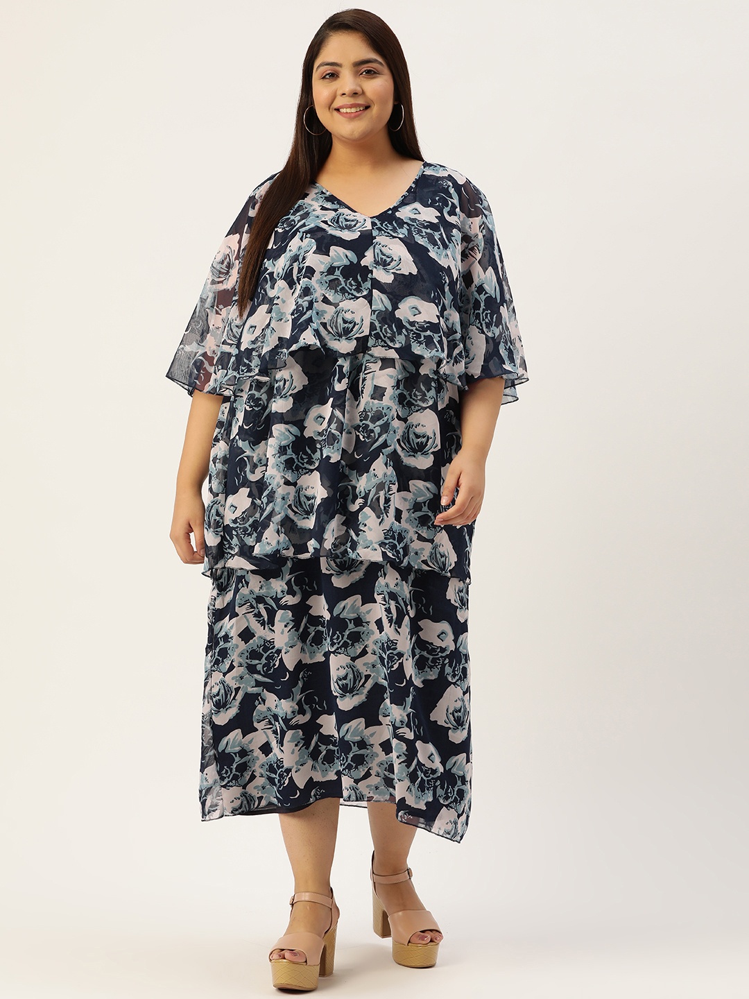 

theRebelinme Plus Size Floral Printed Layered Maxi Dress, Navy blue