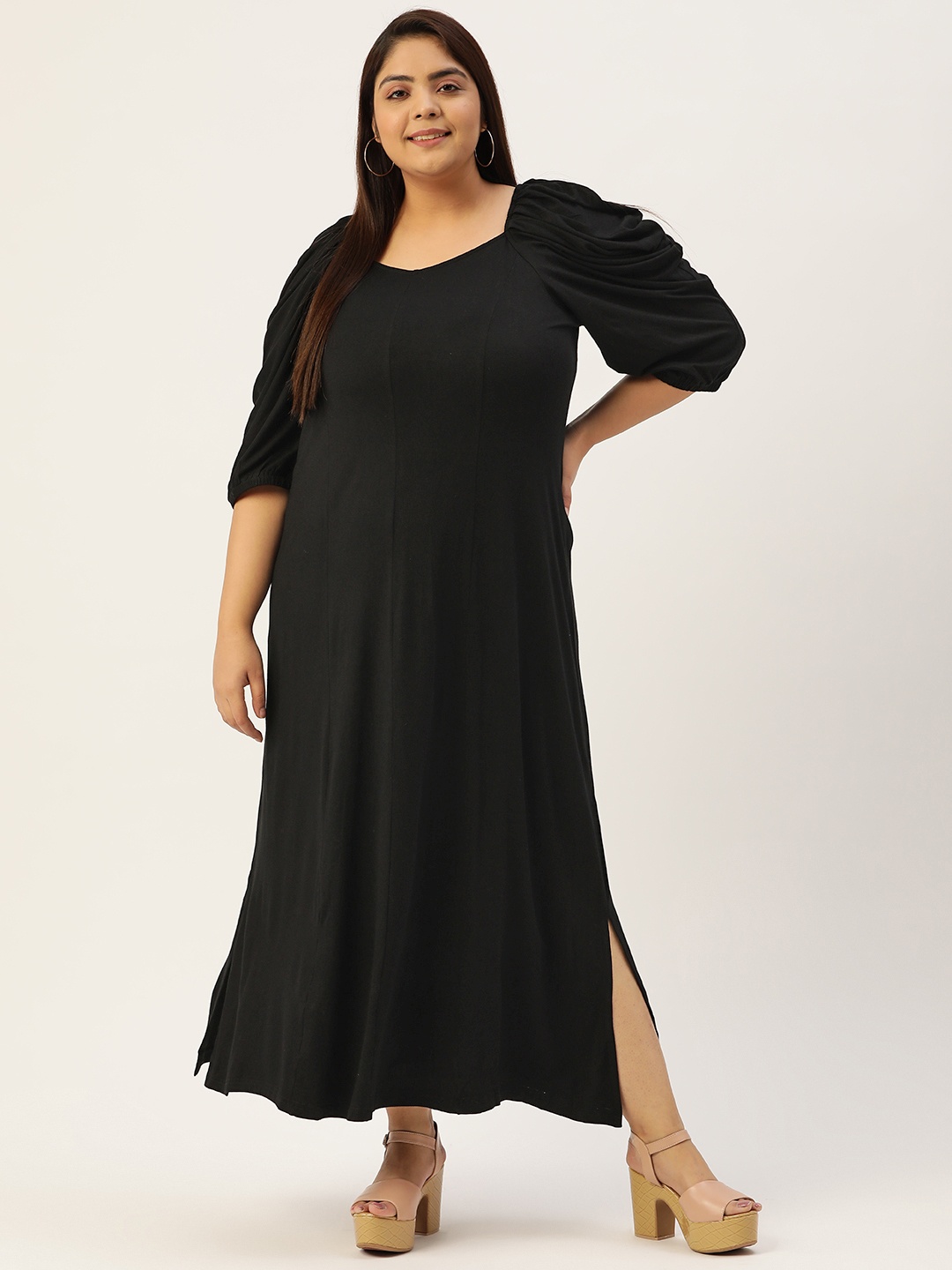 

theRebelinme Plus Size Solid Sweetheart Neck Maxi Dress, Black