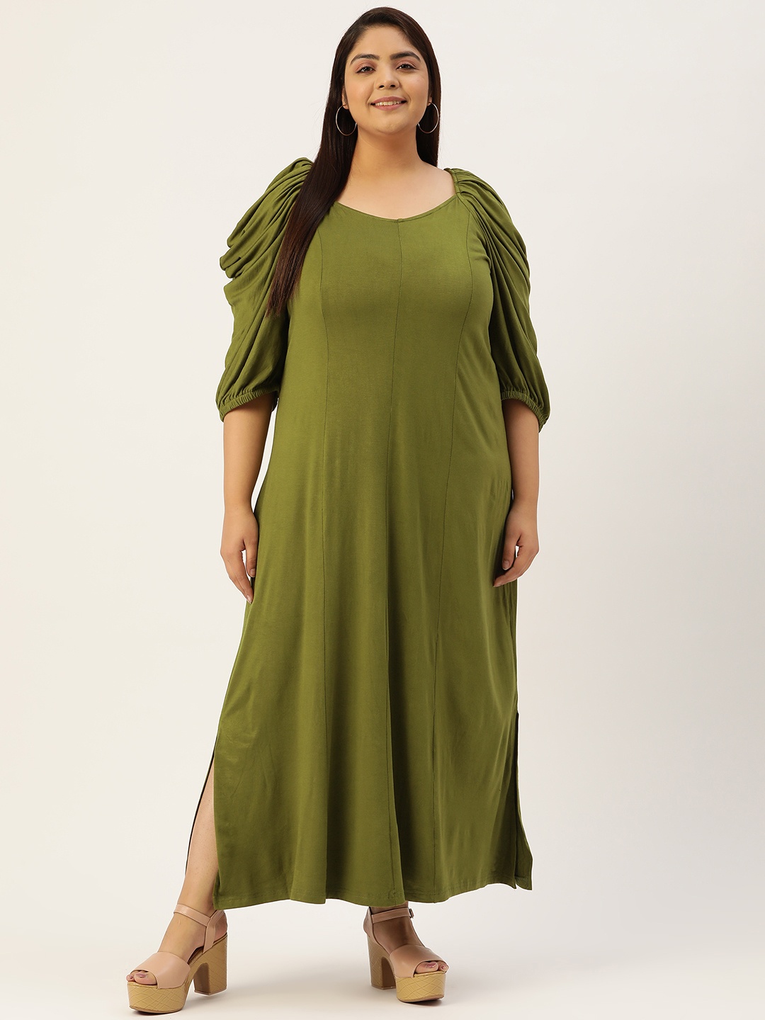 

theRebelinme Plus Size Sweetheart Neck Puff Sleeves Maxi Dress, Olive