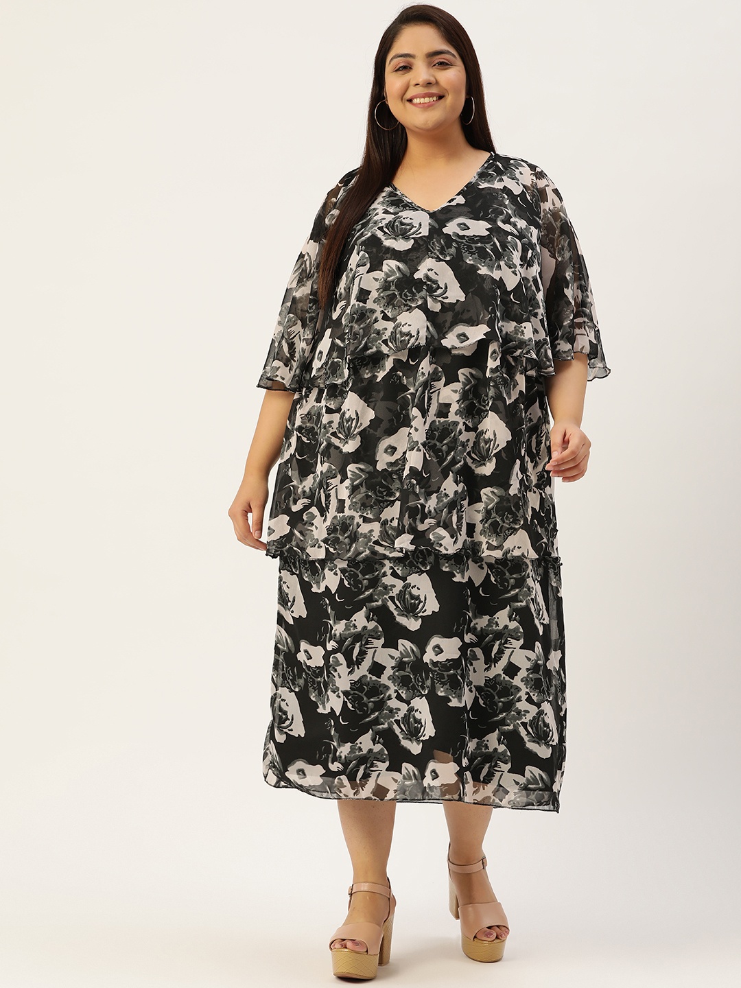 

theRebelinme Plus Size Floral Printed Peplum Midi Dress, Black