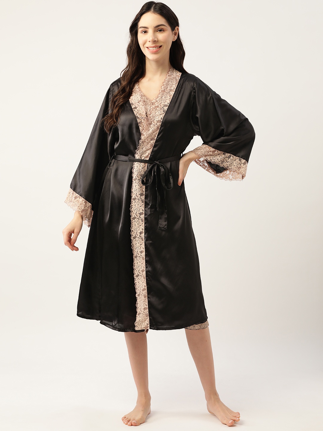 

Ms Lingies Black & Beige Satin Baby Doll with Robe