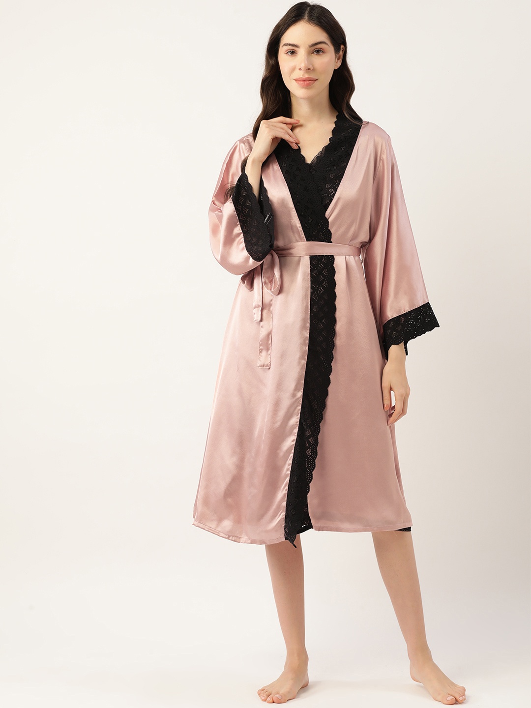 

Ms Lingies Pink & Black Satin Baby Doll with Robe