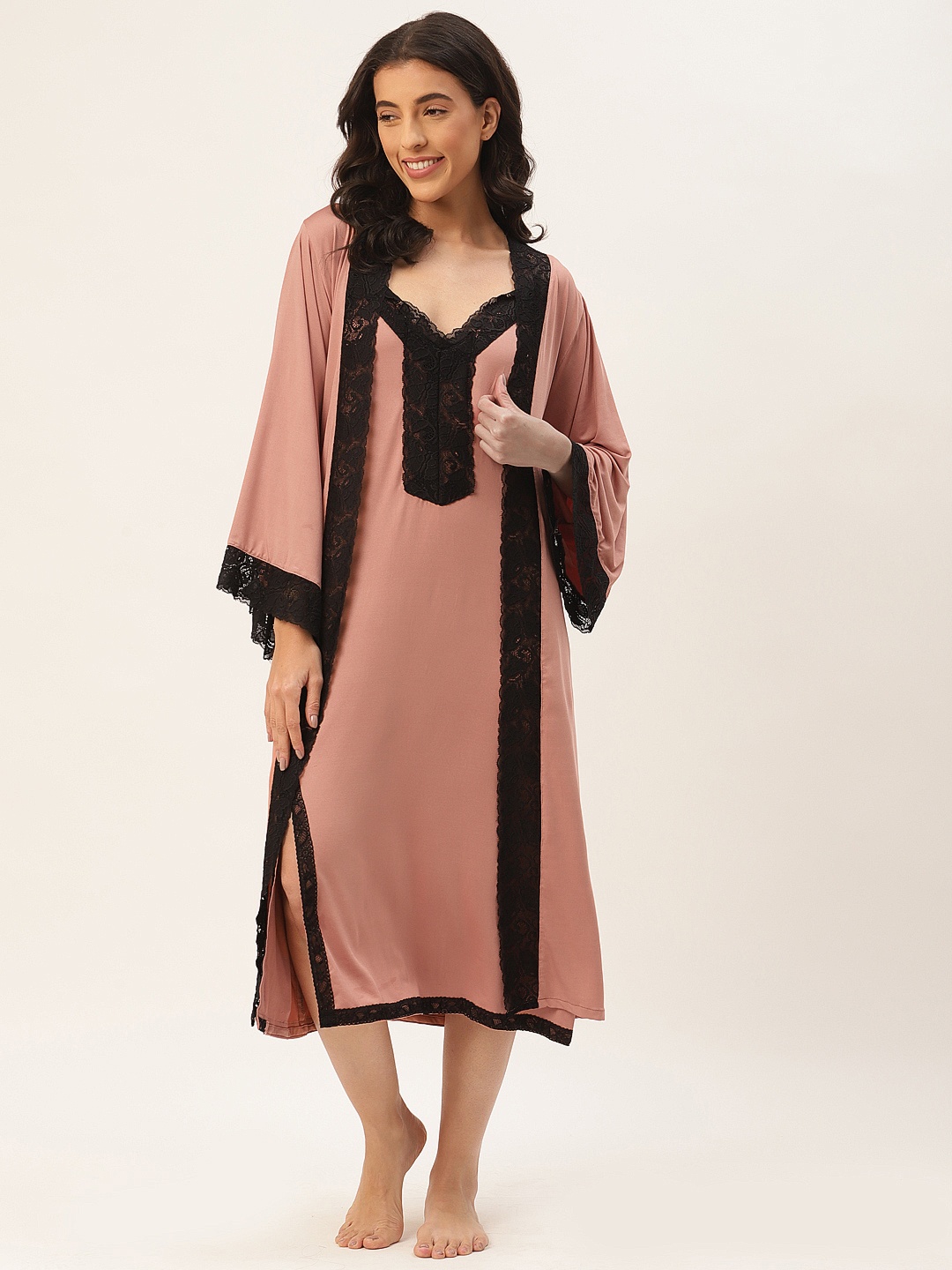 

Ms Lingies Peach-Coloured & Black Modal Baby Doll with Robe
