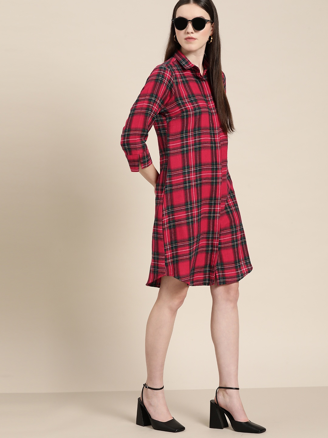 

Hancock Red & Green Checked Knee Length Formal Shirt Dress