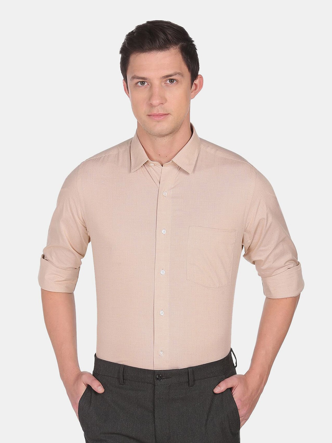 

Arrow Men Beige Self Design Pure Cotton Formal Shirt