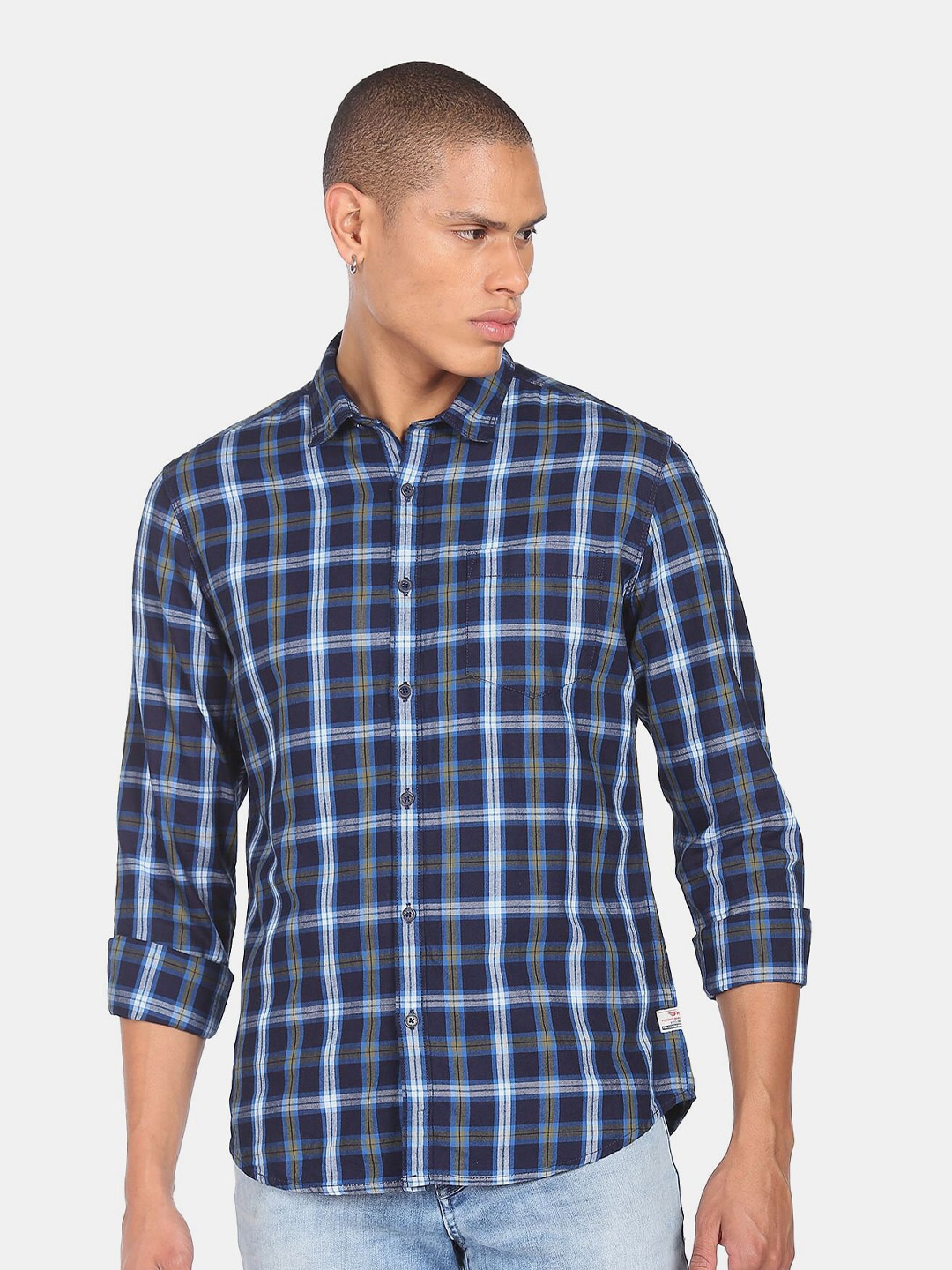 

Flying Machine Men Cotton Tartan Checks Checked Casual Shirt, Blue