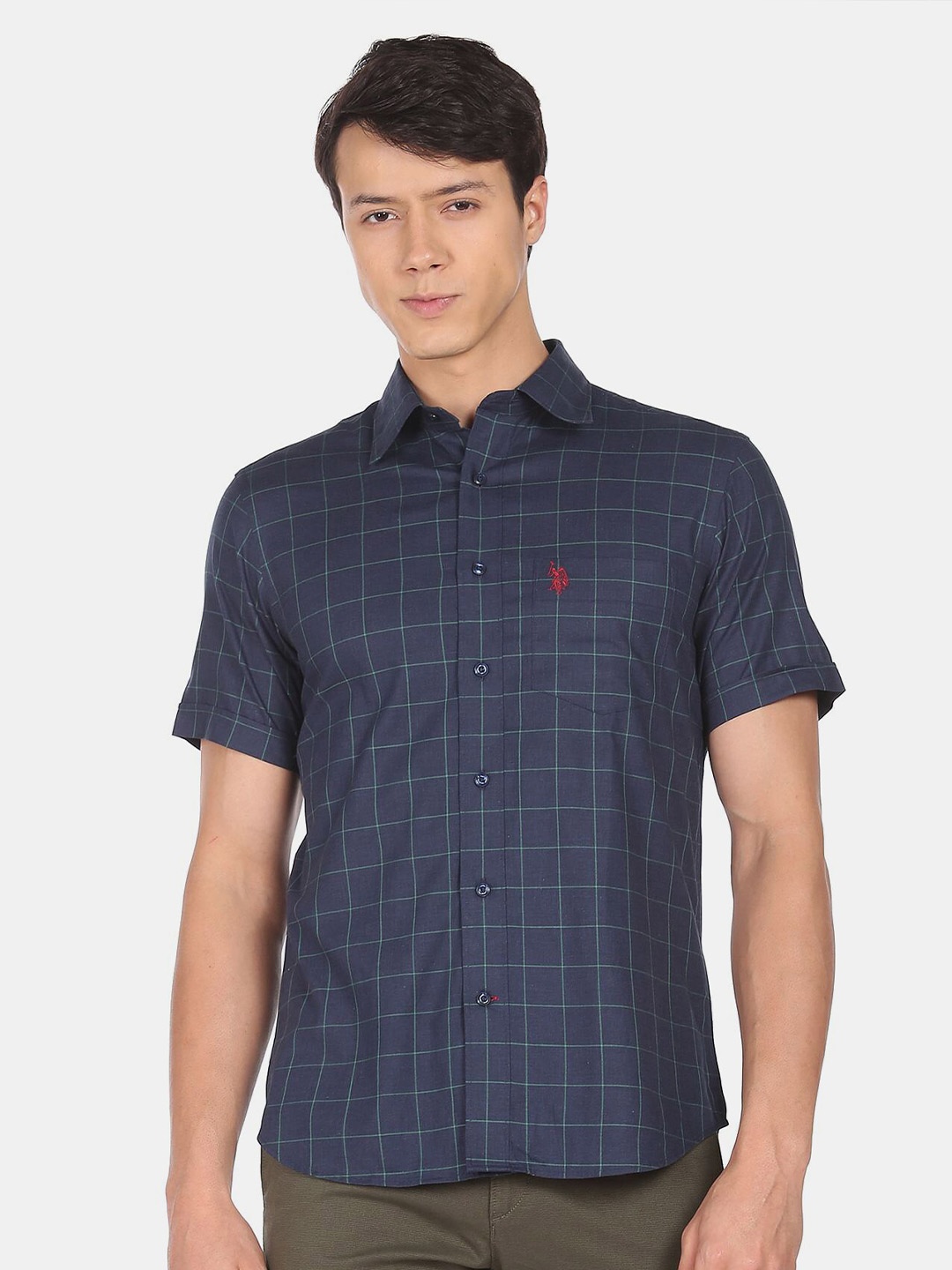

U.S. Polo Assn. Denim Co. Men Blue Windowpane Checked Pure Cotton Casual Shirt