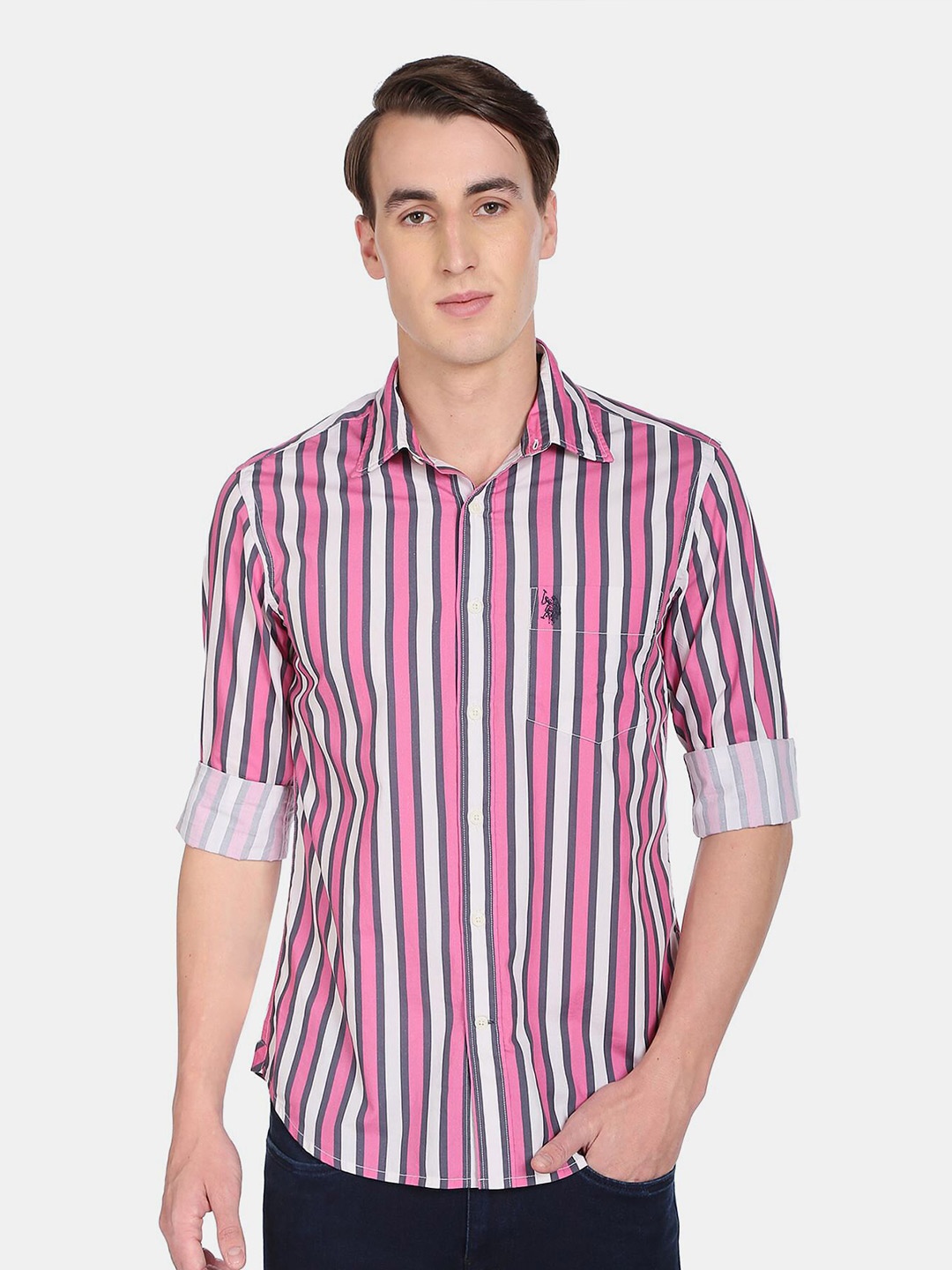 

U.S. Polo Assn. Denim Co. Men Striped Pure Cotton Casual Shirt, Pink