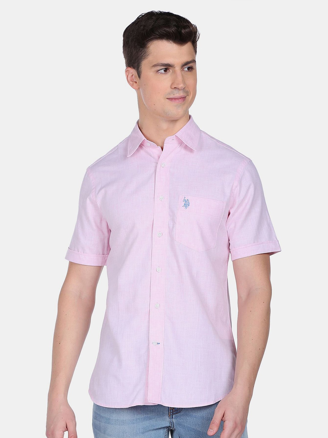 

U S Polo Assn Men Pink Solid Pure Cotton Casual Shirt