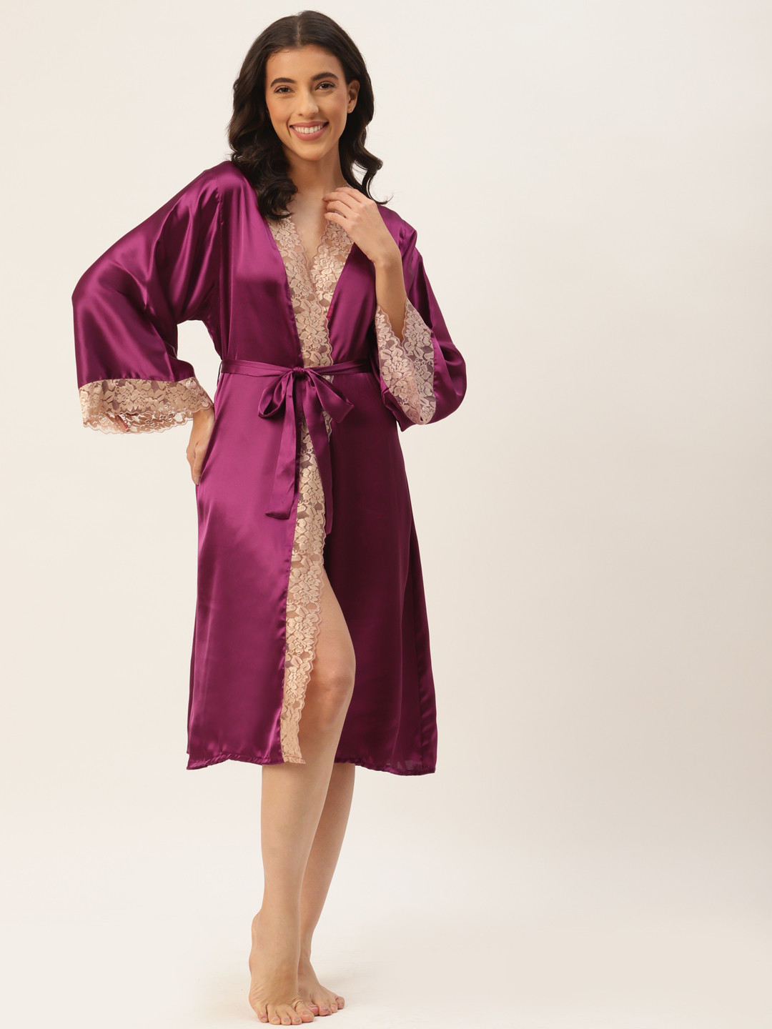 

Ms.Lingies Women Solid Satin Maxi Robe With Lace Detail, Burgundy