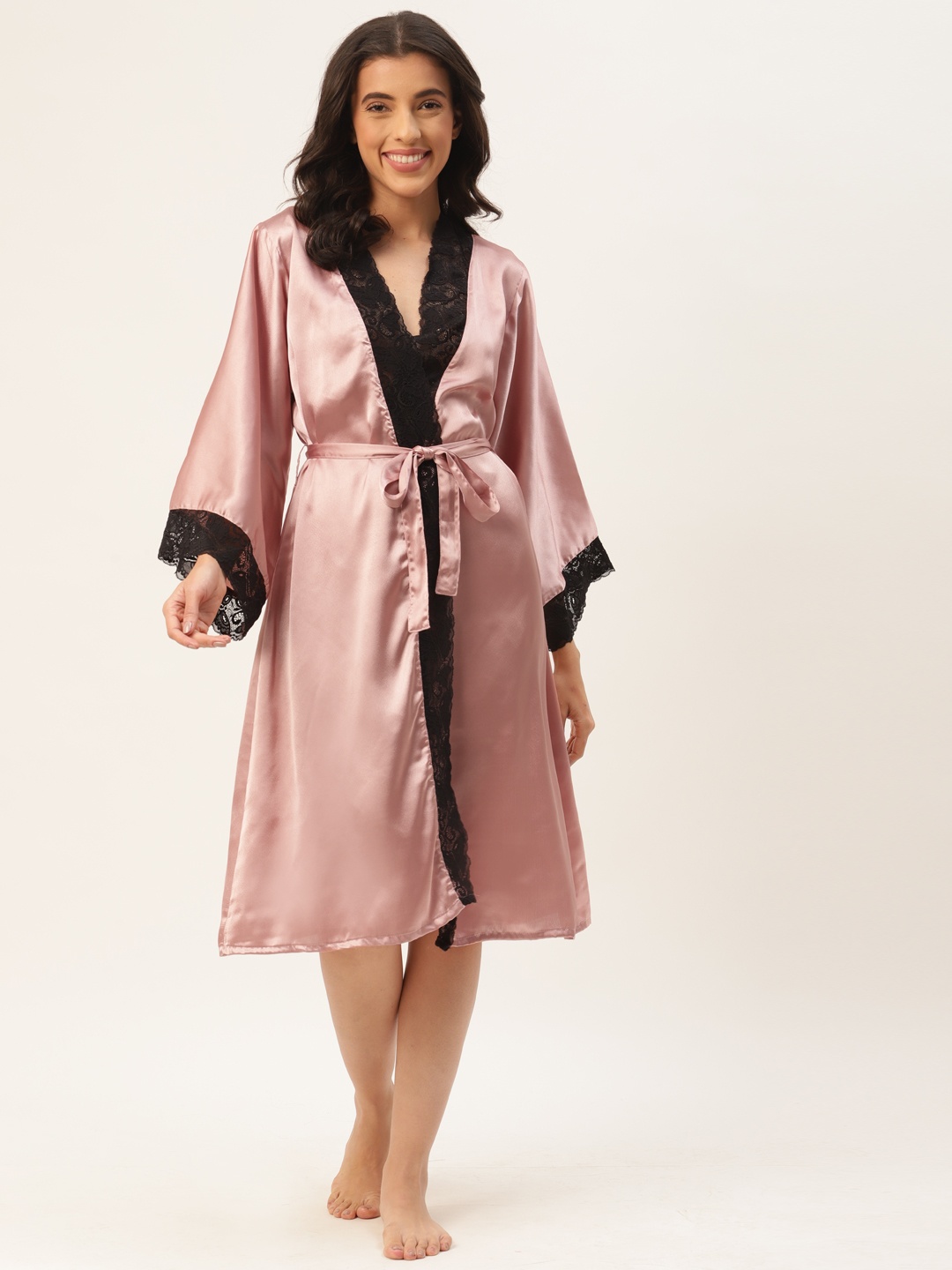 

Ms.Lingies Women Solid Satin Maxi Robe With Lace Detail, Pink