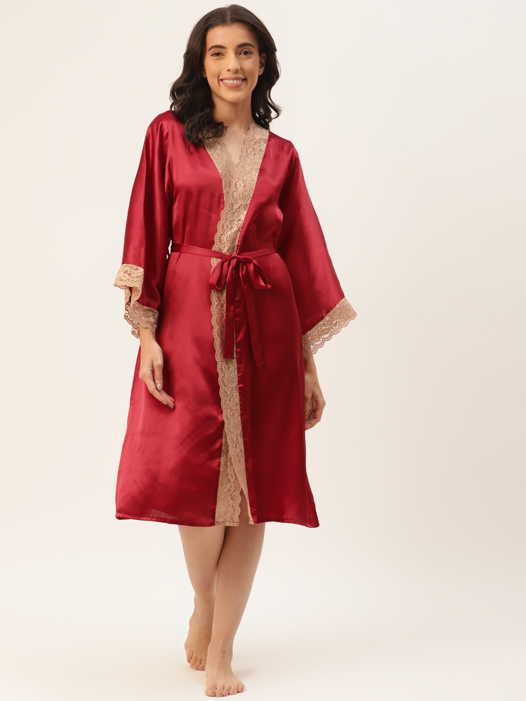 

Ms.Lingies Women Solid Satin Maxi Robe With Lace Detail, Maroon