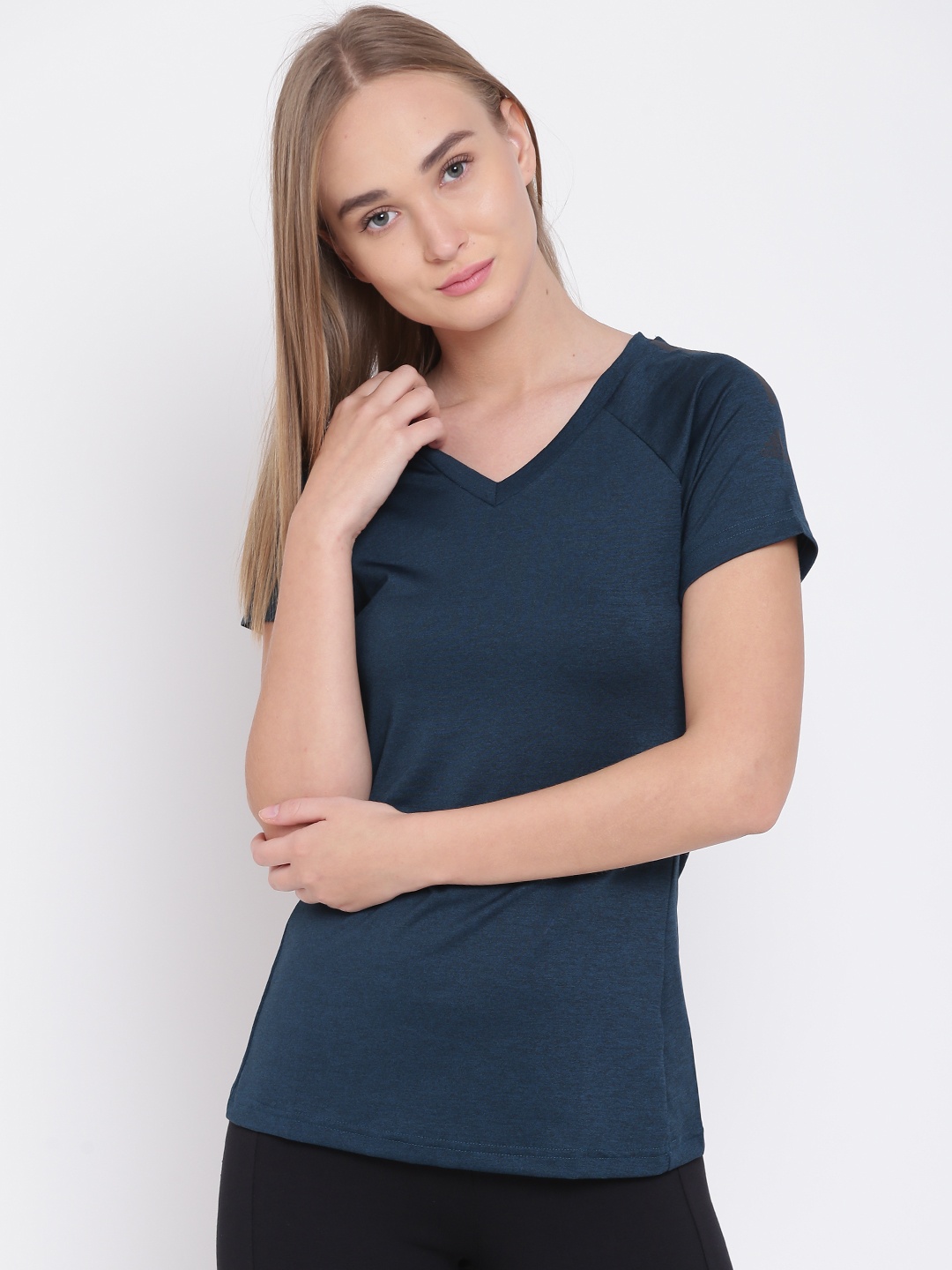 

ADIDAS Women Teal Blue FreeLift Solid V-Neck T-shirt