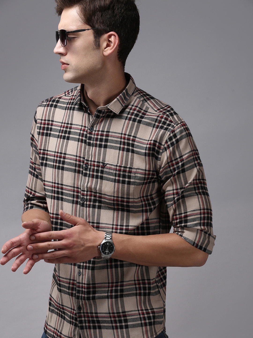

SHOWOFF Men Beige & Brown Comfort Tartan Checked Cotton Casual Shirt