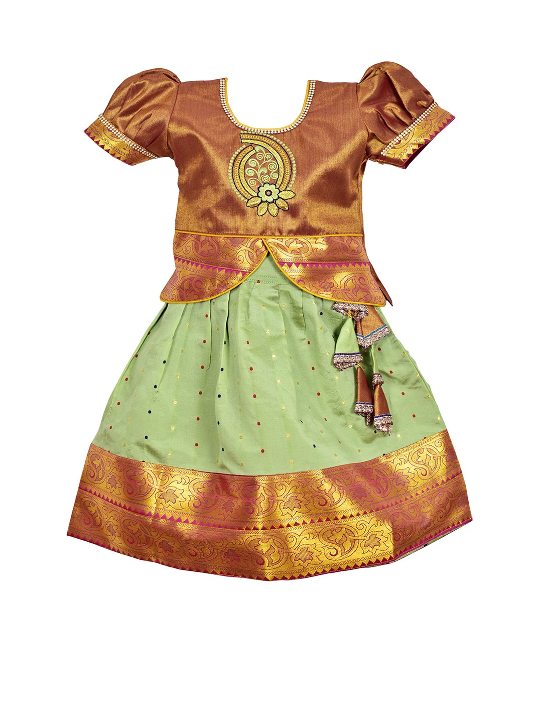 

AMIRTHA FASHION Girls Copper & Green Embroidered Ready to Wear Lehenga Choli