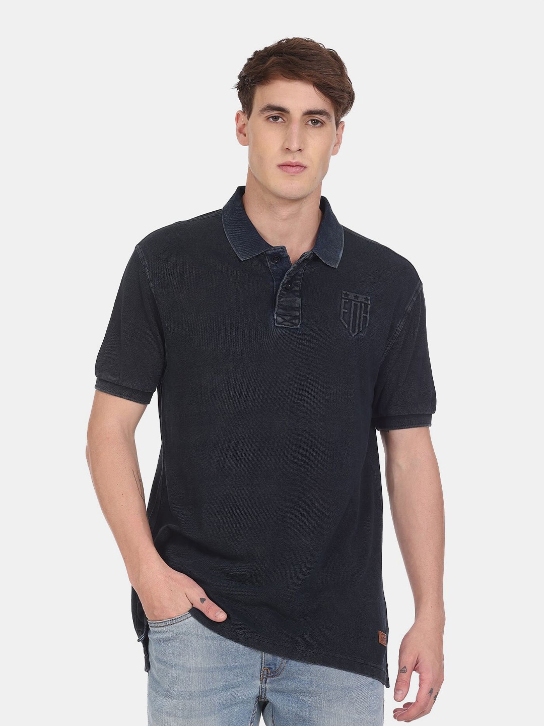 

Ed Hardy Men Navy Blue Polo Collar Slim Fit Pure Cotton T-shirt