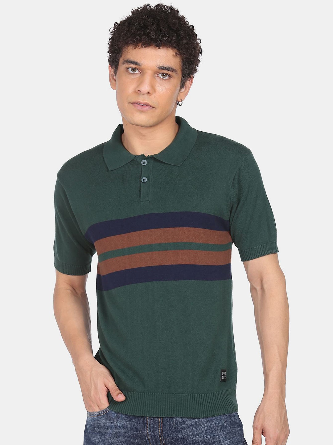 

Flying Machine Men Olive Green Striped Polo Collar Cotton T-shirt
