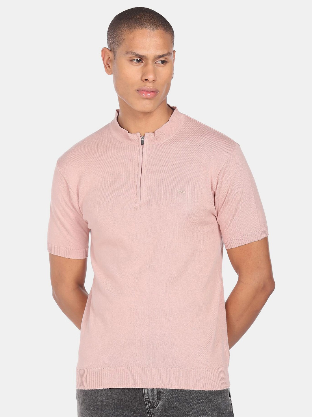 

Flying Machine Men Pink Henley Neck Cotton T-shirt