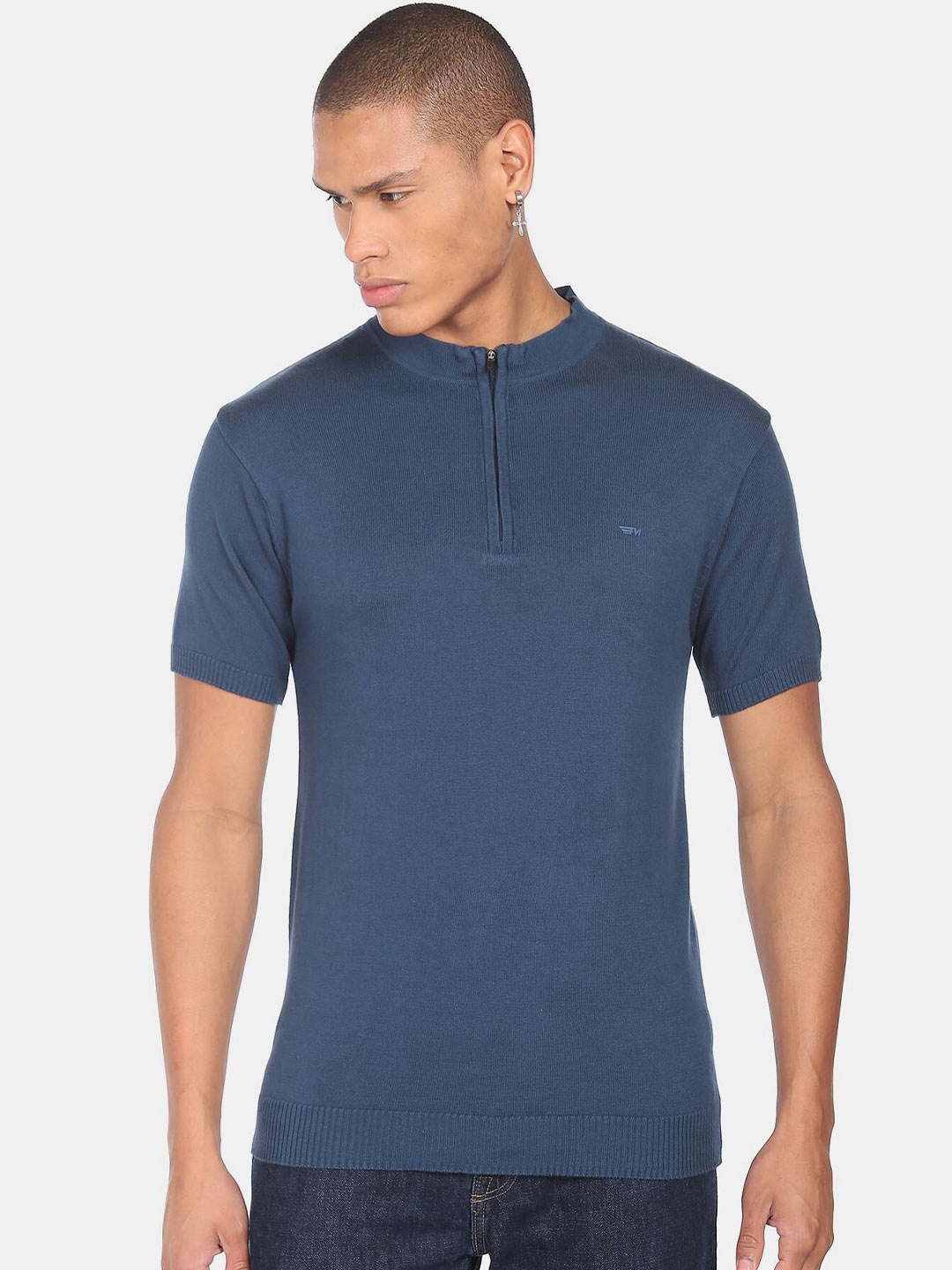 

Flying Machine Men Blue Henley Neck Cotton T-shirt