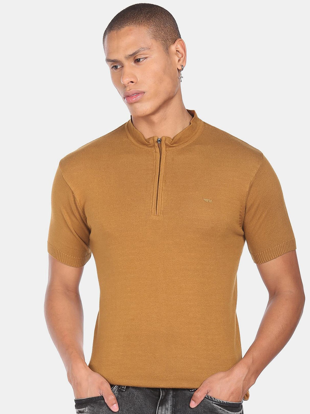 

Flying Machine Men Mustard Yellow Henley Neck Cotton T-shirt