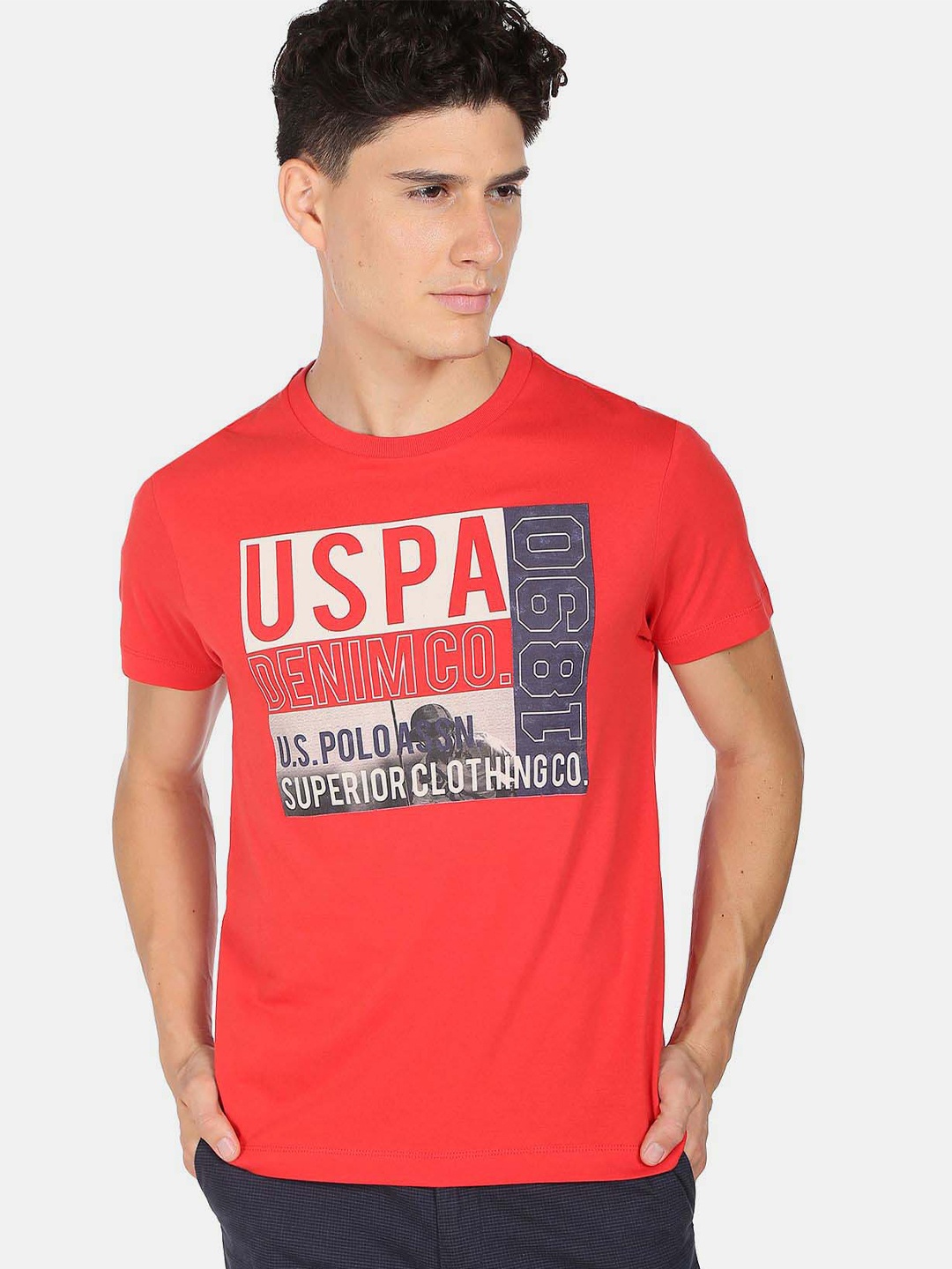 U.S. Polo Assn. Denim Co. Men Red & Beige Typography Printed Cotton T-shirt