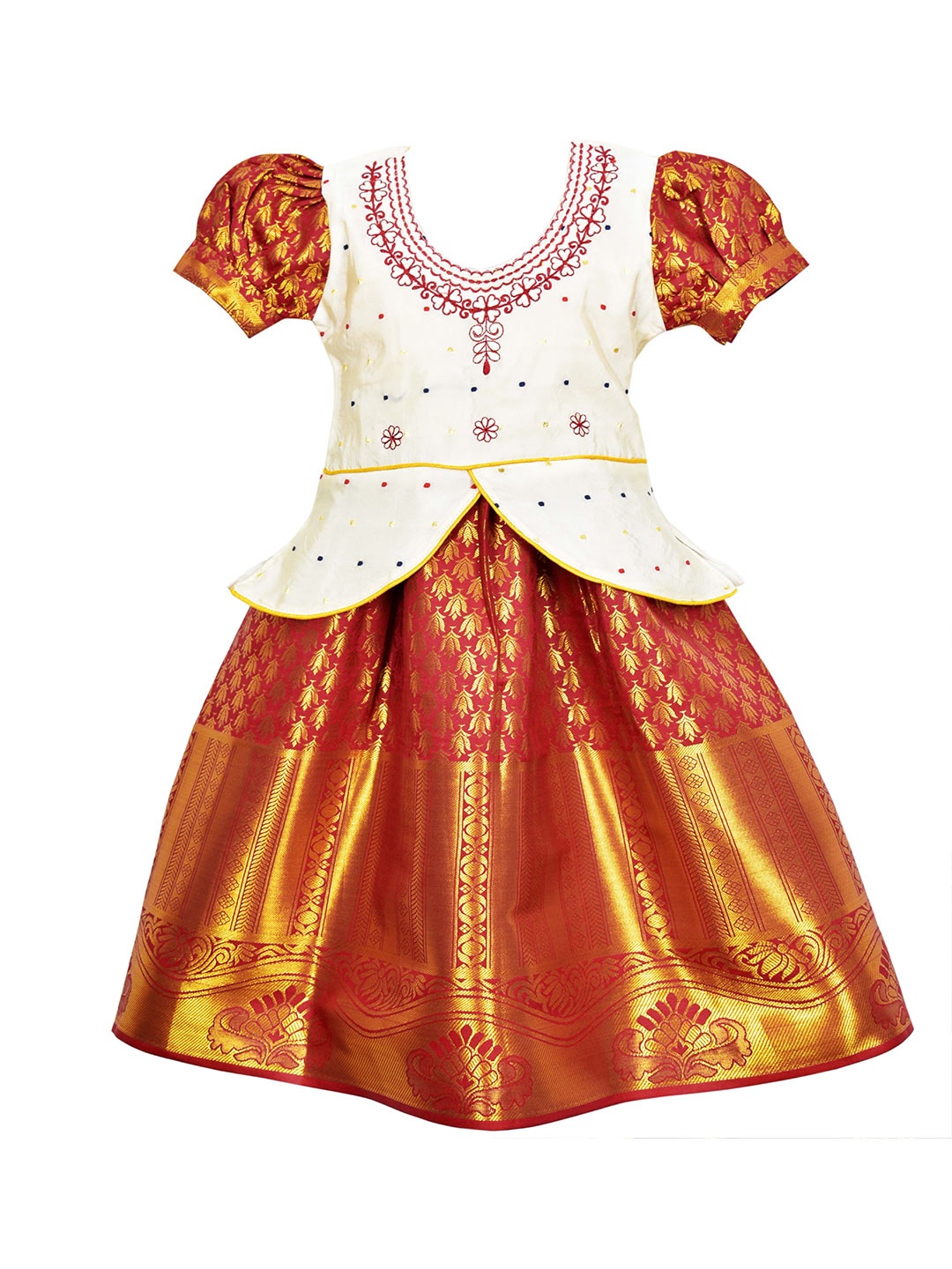 

AMIRTHA FASHION Girls Off White & Maroon Embroidered Ready to Wear Lehenga Choli